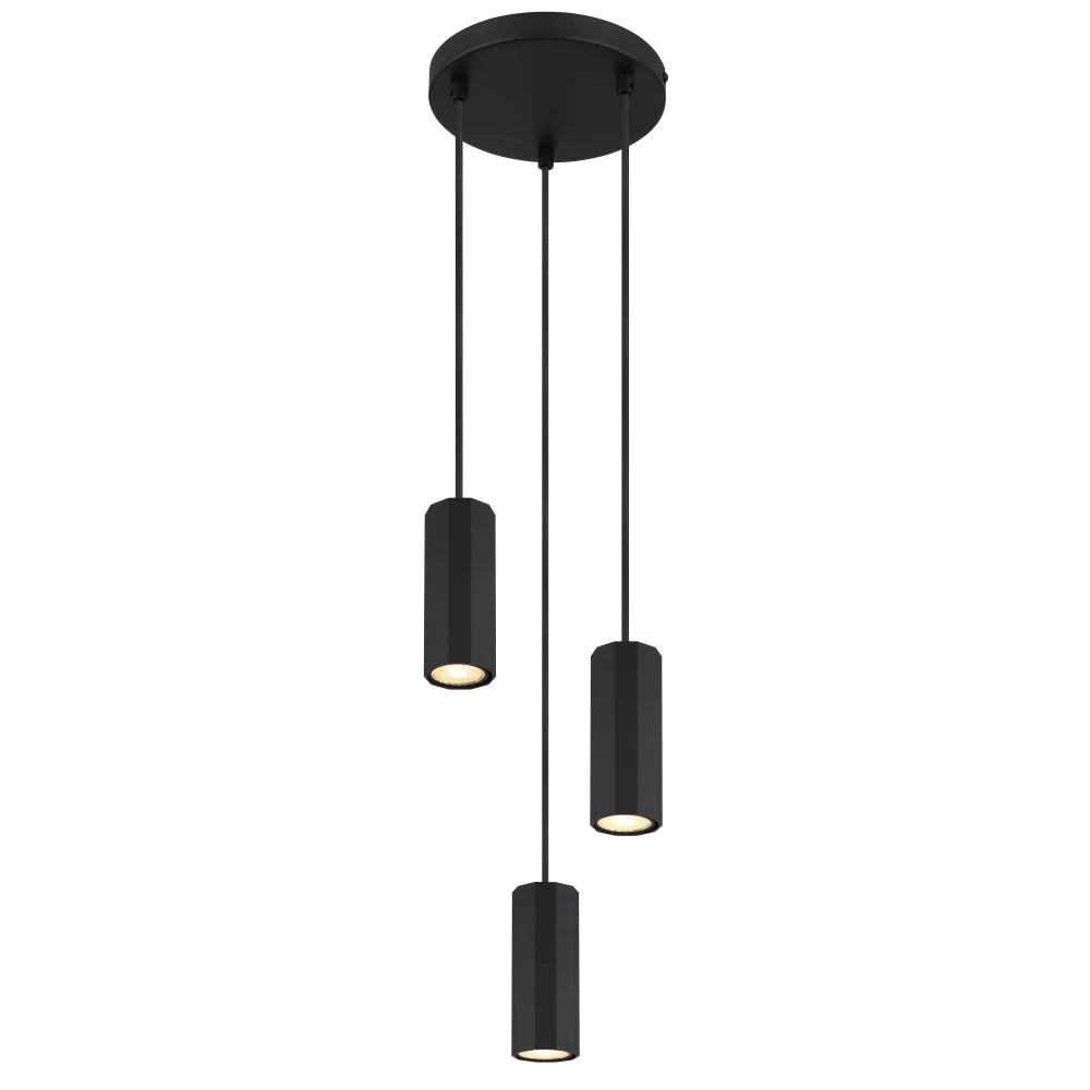 Modern black cylinder pendant light with a triple cluster of lights suspended from the ceiling.
