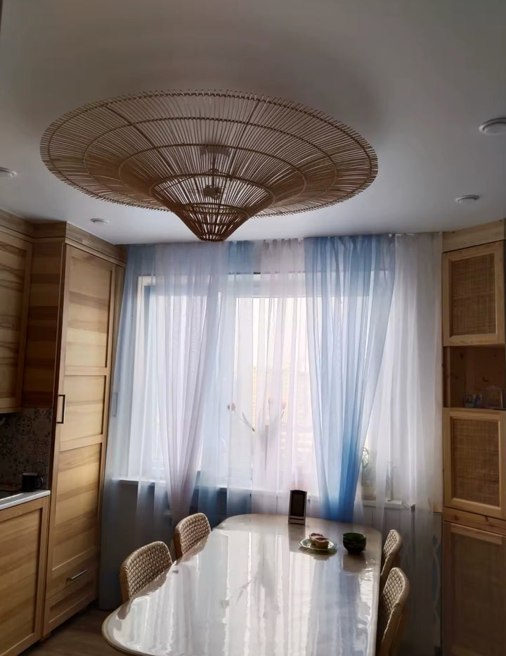 Rustic Woven Rattan Ceiling Light - Wide Disc Design