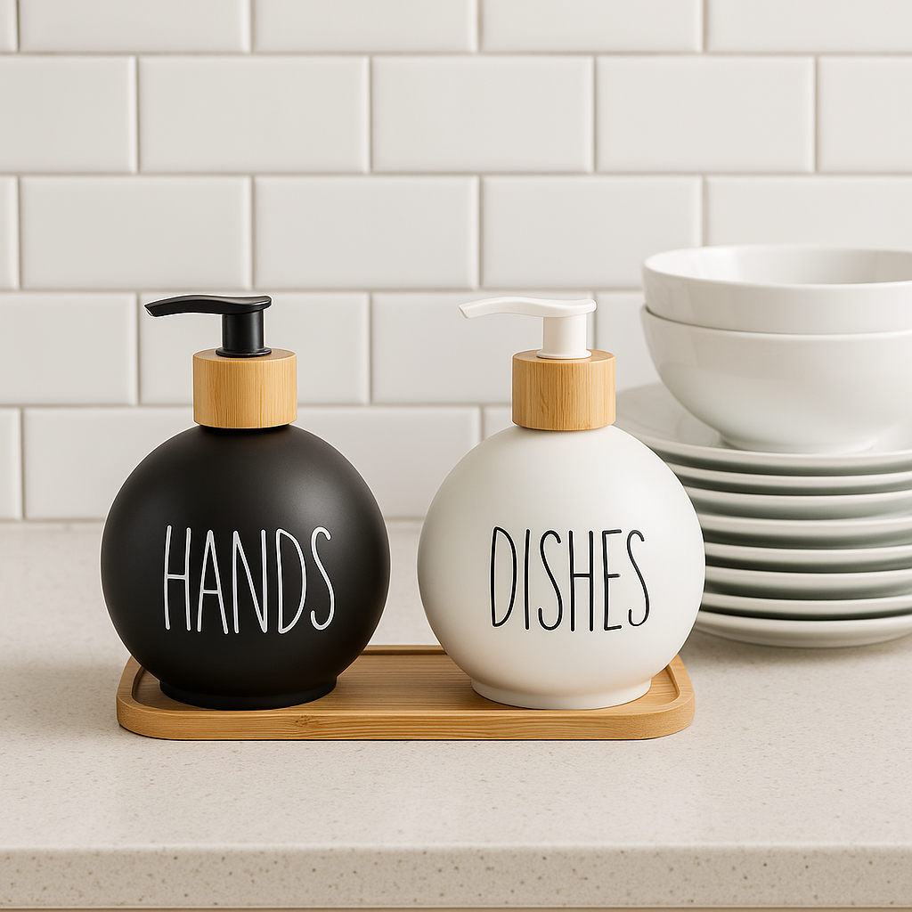 Round Black & White Soap Dispenser Set