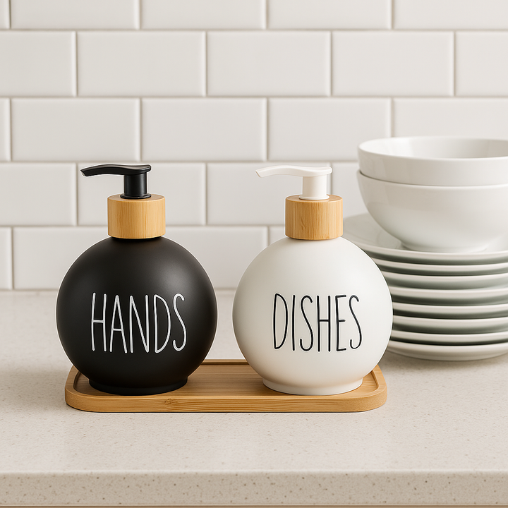 Round Black & White Soap Dispenser Set