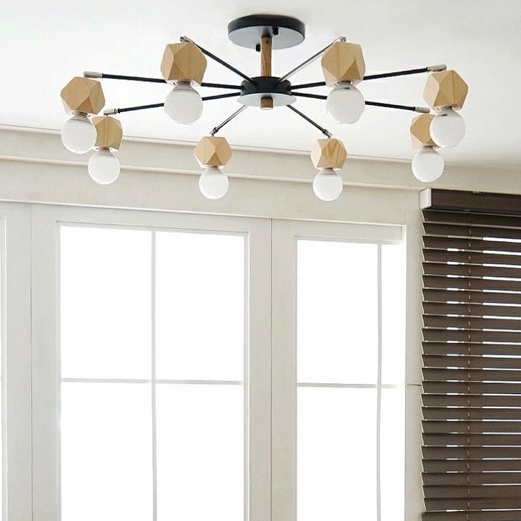Modern Geometric Branch-Style Chandelier with Wooden Accents