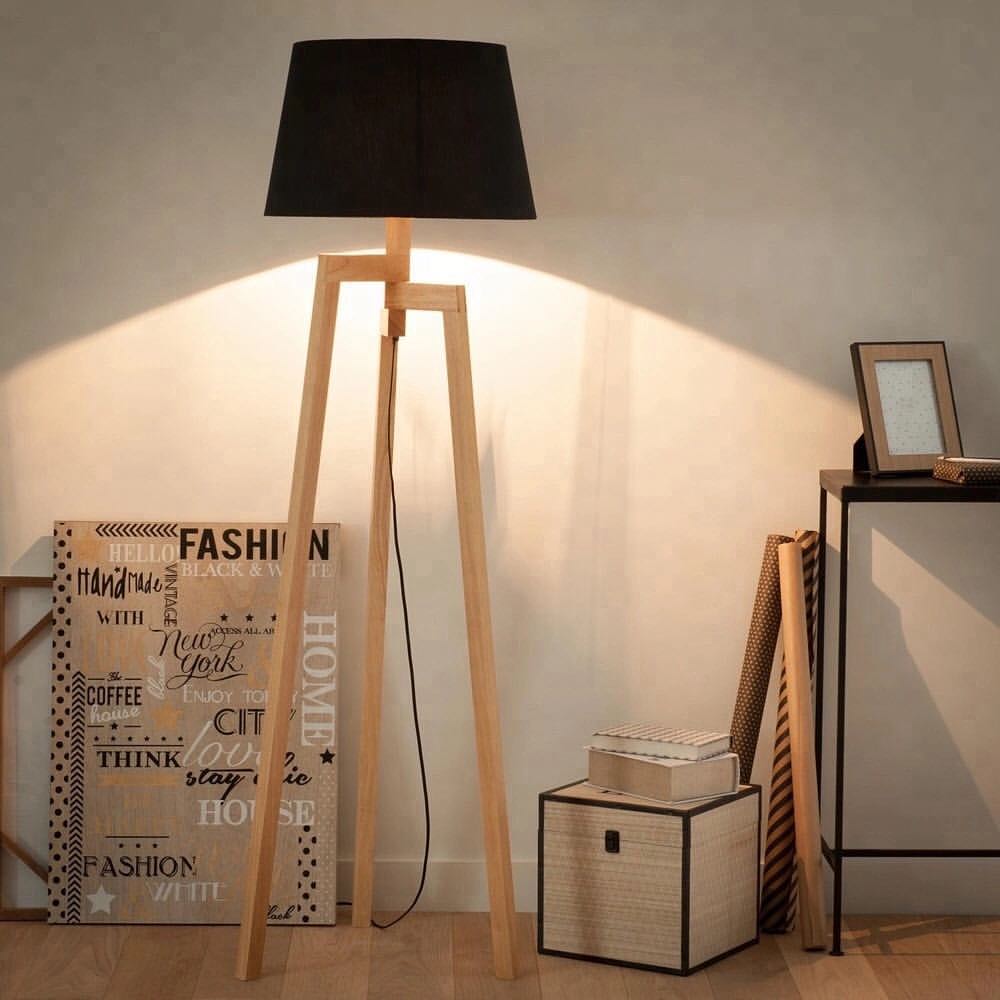 Scandinavian Tripod Wooden Floor Lamp with Black Shade