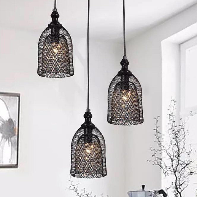 Industrial Pendant Light Trio with Black Wire Mesh Shades