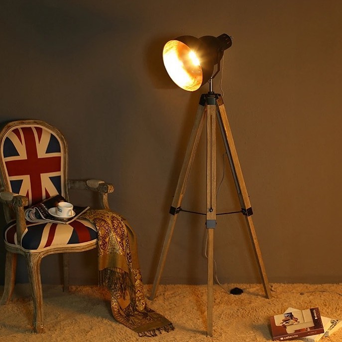 Rustic Tripod Floor Lamp with Wooden Legs and Spotlight Head