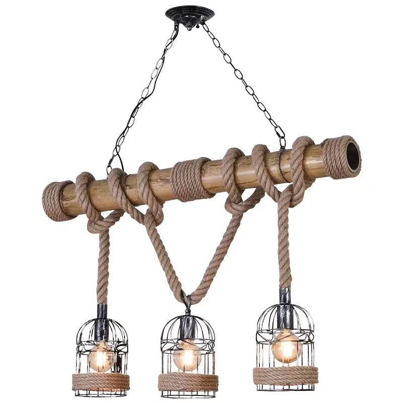 Rustic Rope Chandelier with Cage Shades