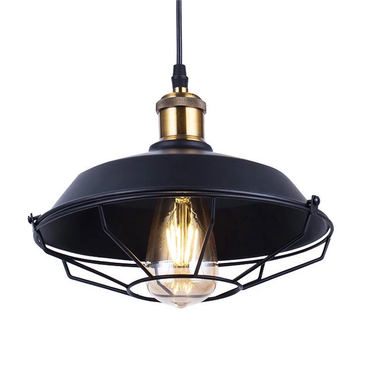 Industrial Pendant Light with Black Shade and Wire Cage