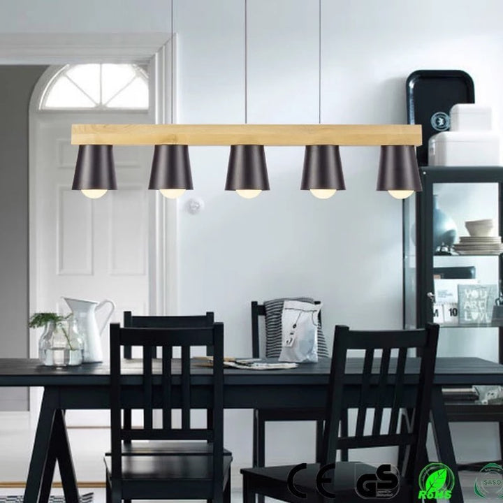 Modern Pendant Light with Wooden Bar and Black Shades