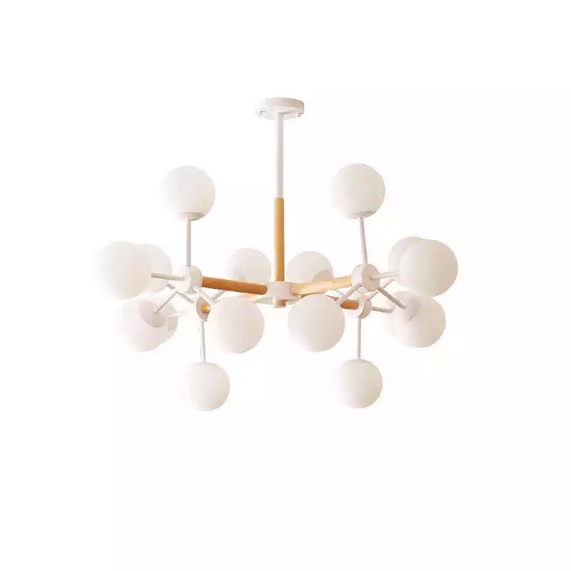 Modern Chandelier with White Globe Shades and Wooden Accents