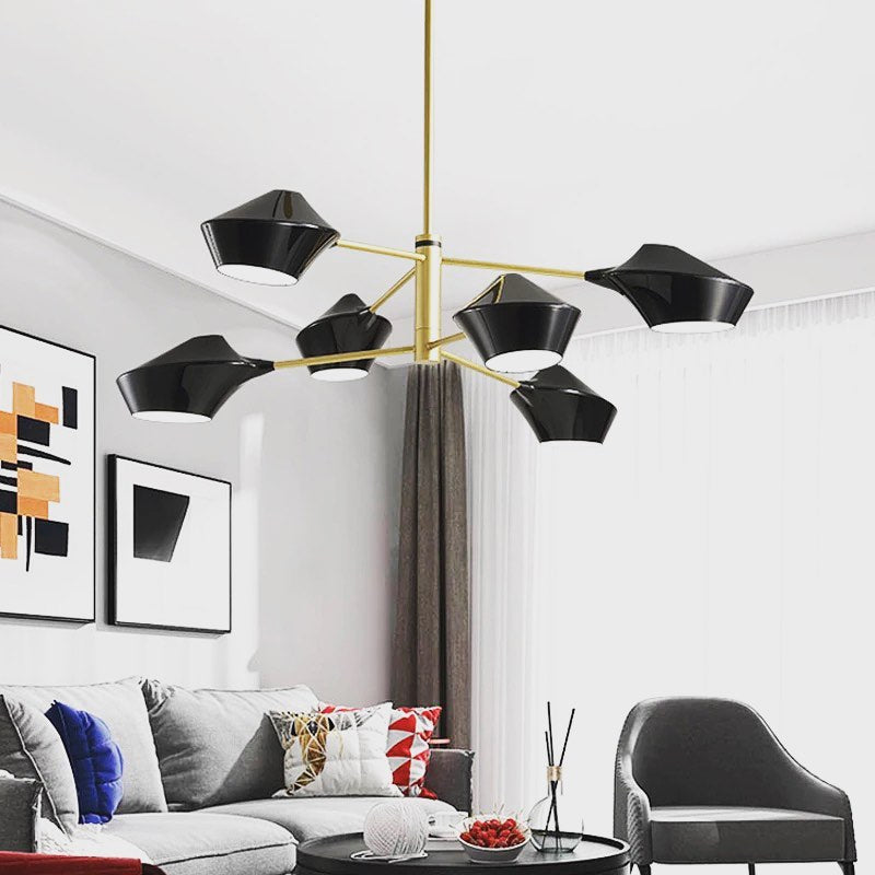 Modern Chandelier with Black Shades and Gold Frame