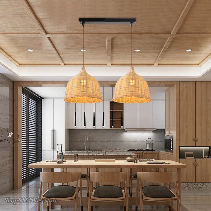 Rustic Pendant Light with Woven Natural Bamboo Rattan Shade