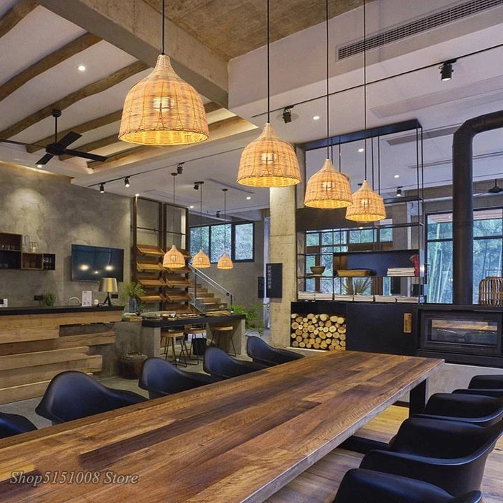Rustic Pendant Light with Woven Natural Bamboo Rattan Shade