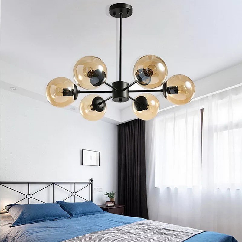 Modern Black Chandelier with Amber Glass Shades