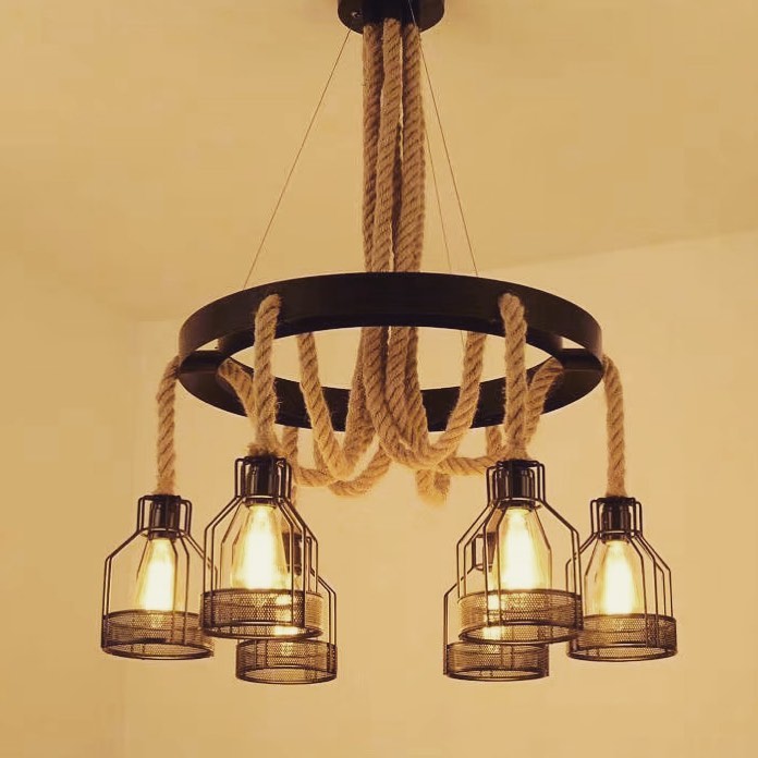 Rustic Rope Chandelier with Metal Cage Shades