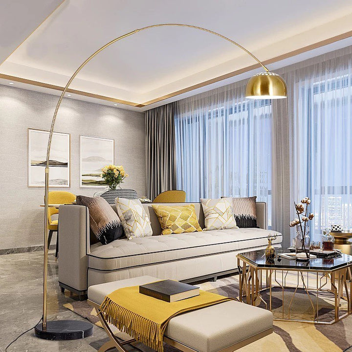 Modern Arc Floor Lamp with Brass Finish and Marble Base
