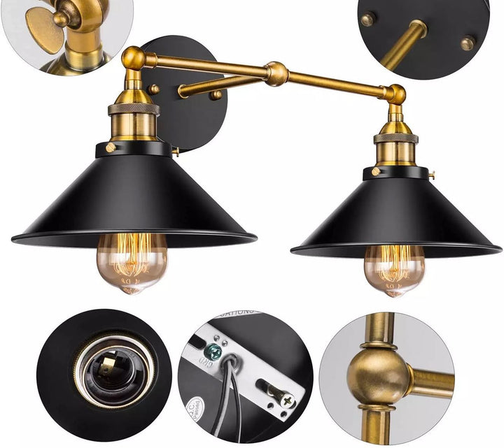 Industrial Wall Light with Dual Black and Brass Shades