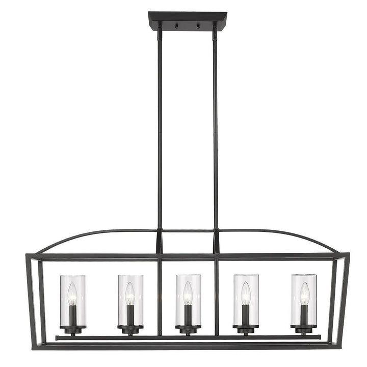 A modern industrial chandelier with a rectangular metal frame and glass cylinder shades, mounted on a ceiling in a stylish kitchen setting.