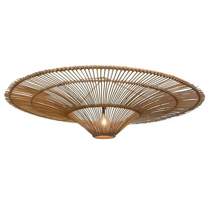 Rustic Woven Rattan Ceiling Light - Wide Disc Design