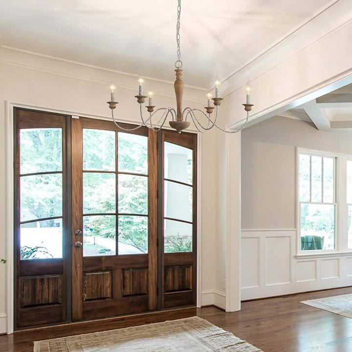 Rustic Wooden Chandelier with Six Arms
