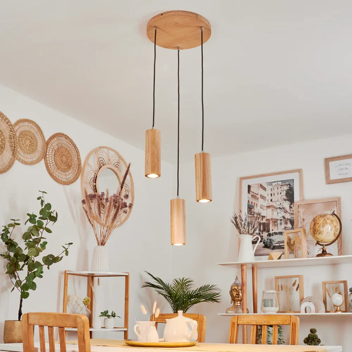 Rustic Triple Wooden Cylinder Pendant Light