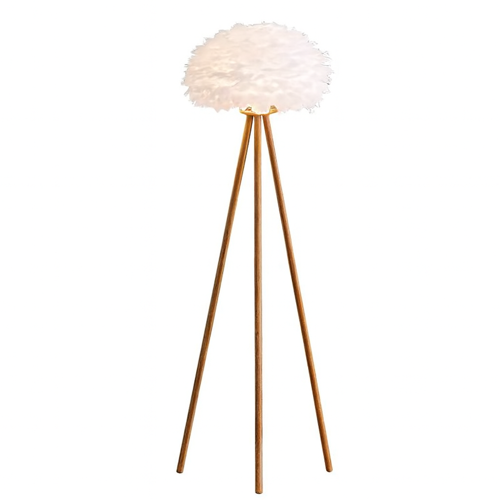 Feather Shade with Bamboo wooden Tripod Floor Lamp