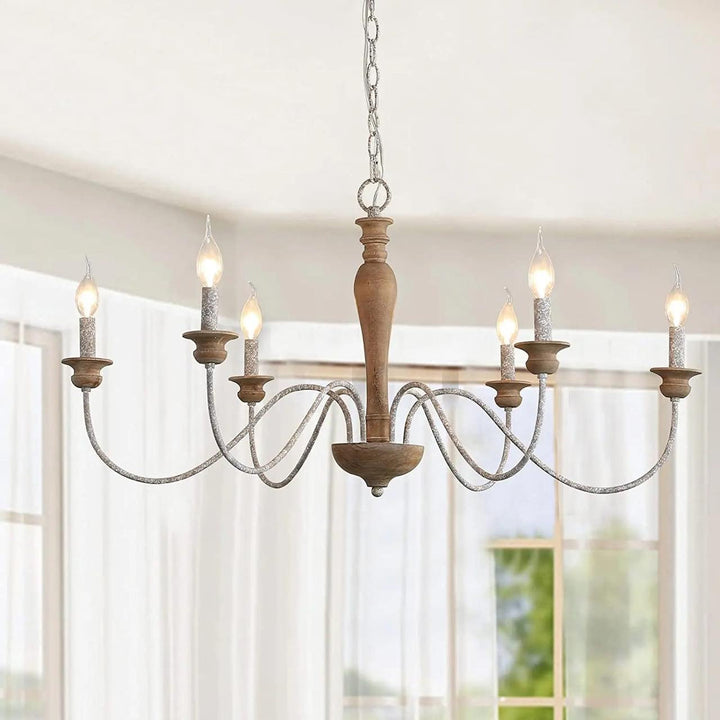 Rustic Wooden Chandelier with Curved Metal Arms and Candelabra Lights