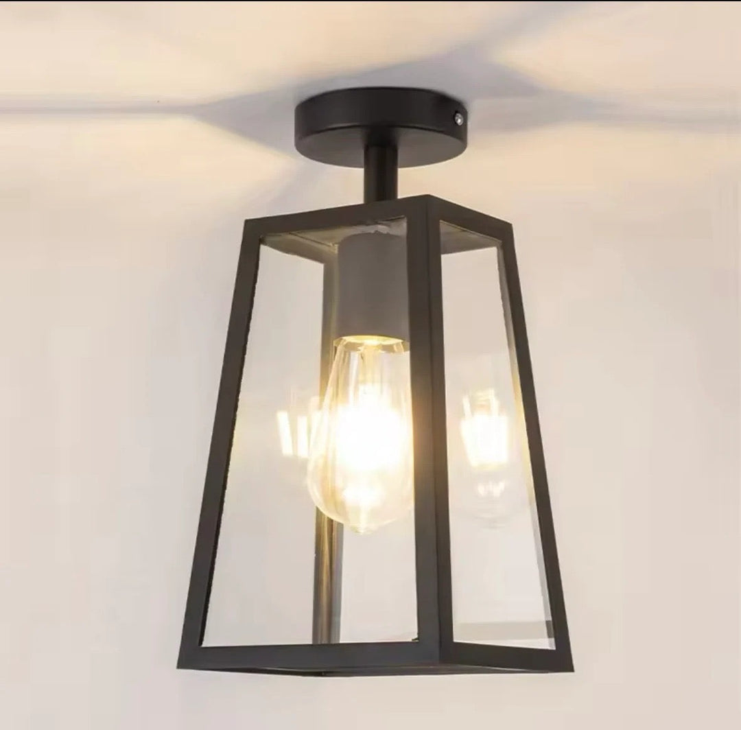 Modern Ceiling Light with Black Metal Frame and Glass Panels
