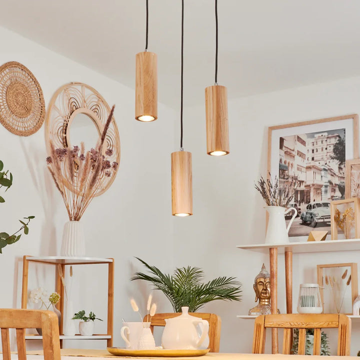 Rustic Triple Wooden Cylinder Pendant Light