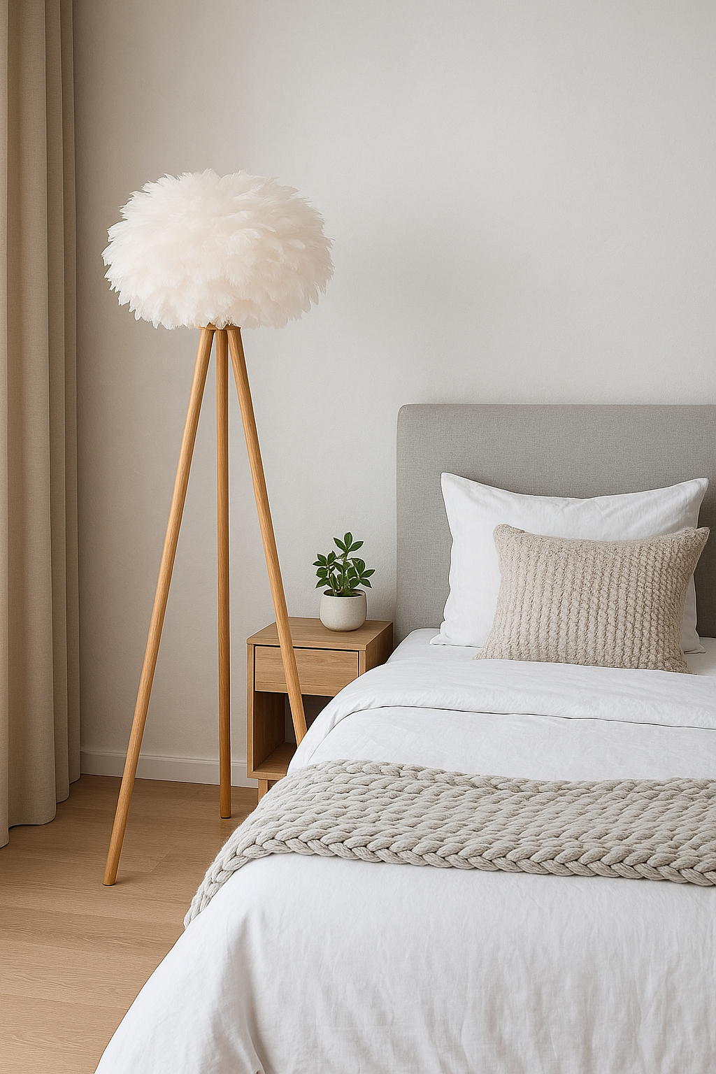 Feather Shade with Bamboo wooden Tripod Floor Lamp