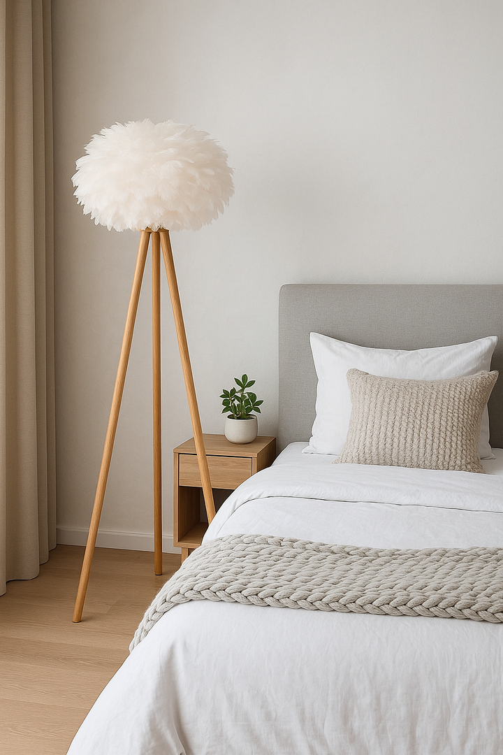 Feather Shade with Bamboo wooden Tripod Floor Lamp