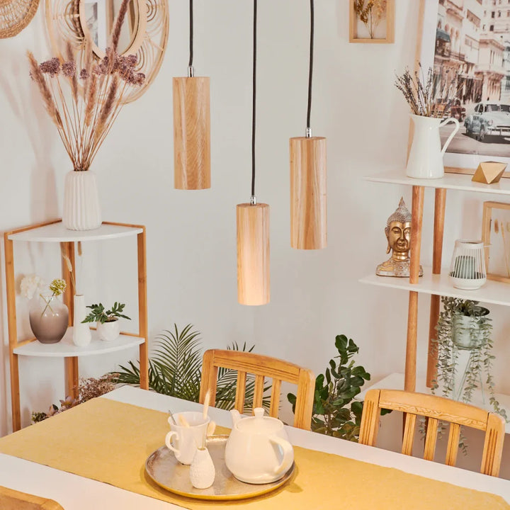 Rustic Triple Wooden Cylinder Pendant Light