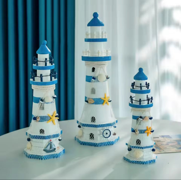 Nautical Decorative Lighthouse Ornament Blue and White Coastal Accent Piece
