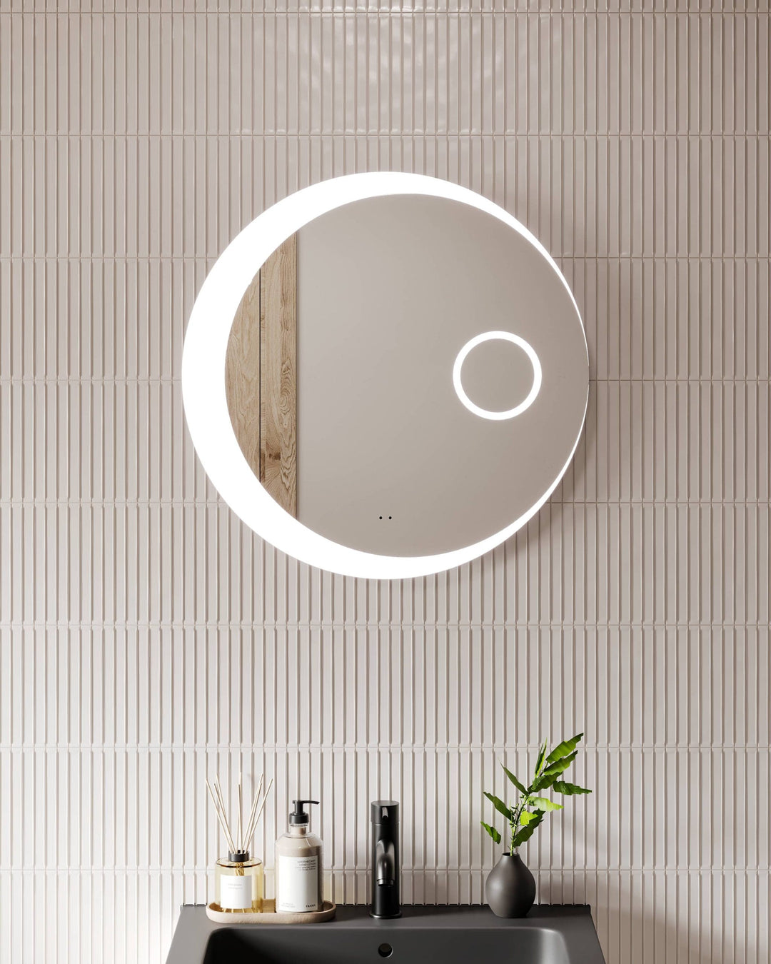 Celeste LED mirror with circular halo lighting and minimalist design