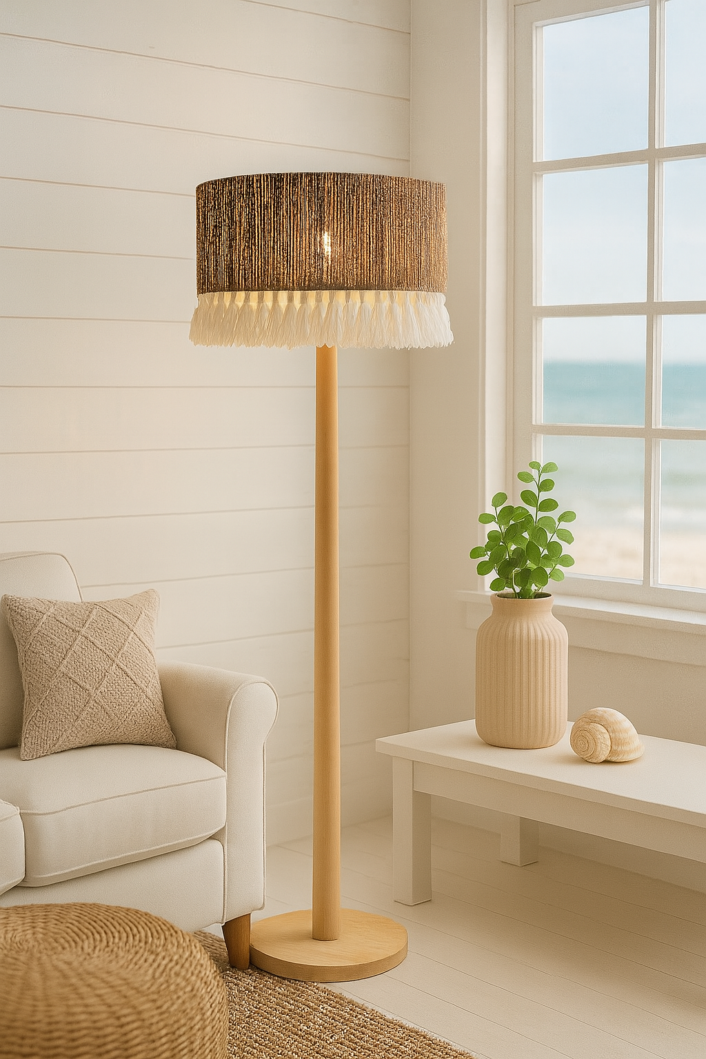 Floor lamp with a natural wood base and a textured dark woven shade featuring a white fringe trim, placed in a cozy coastal-style living room with neutral tones and beach decor.