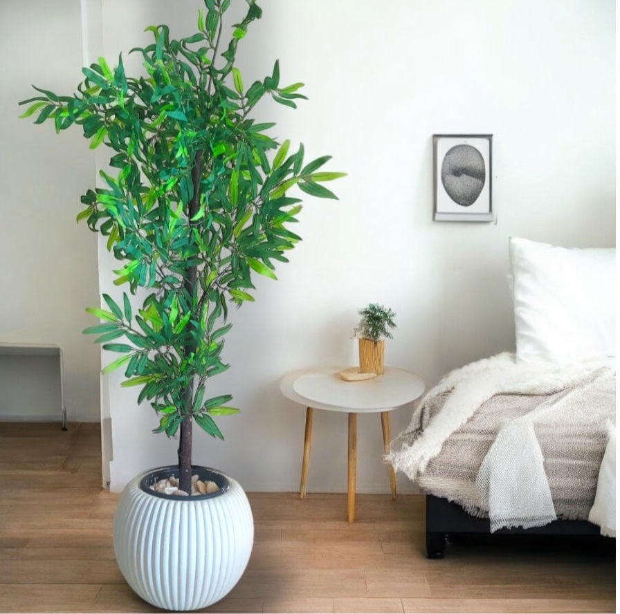 Tall Artificial Bamboo Plant with White Ribbed Pot
