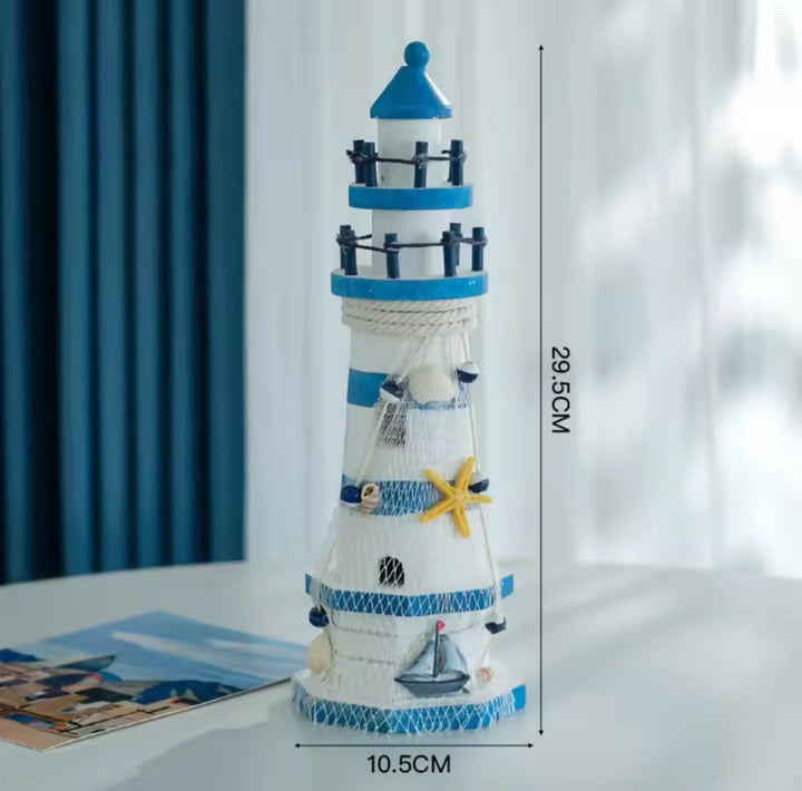 Nautical Decorative Lighthouse Ornament Blue and White Coastal Accent Piece