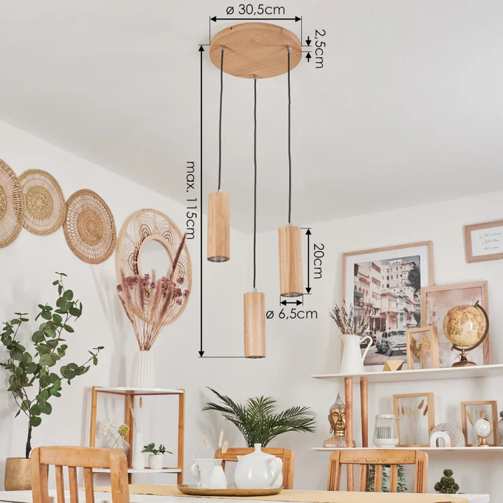 Rustic Triple Wooden Cylinder Pendant Light