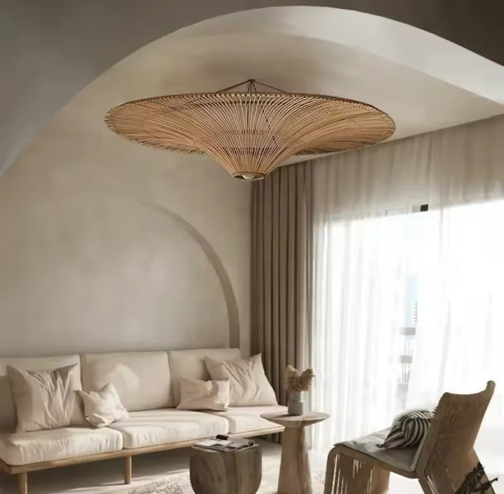 Rustic Woven Rattan Ceiling Light - Wide Disc Design