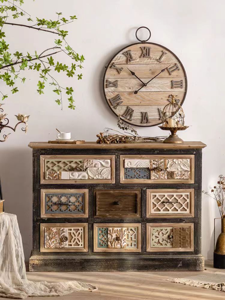 Eclectic Wooden Dresser with Carved Drawer Fronts