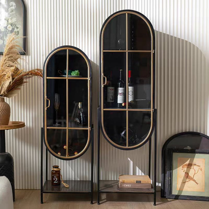 Modern Black & Gold Arched Glass Display Cabinet Set