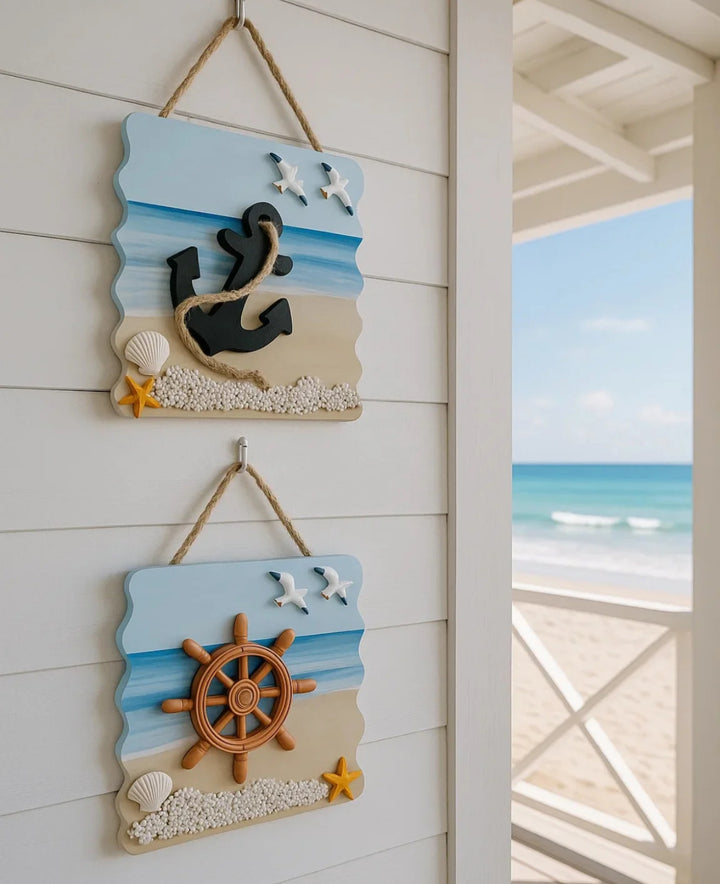 Beach Wall Hanging Plaque - Anchor, Seagulls & Coastal Scene