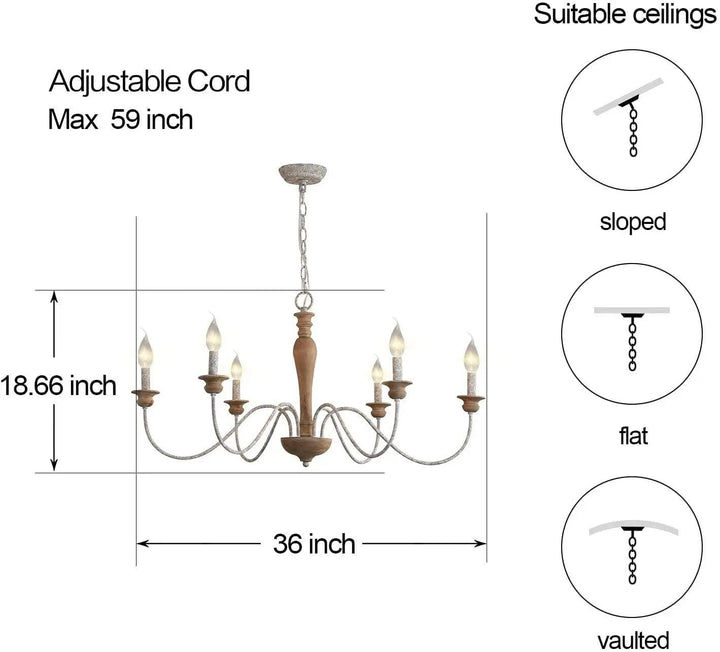 Rustic Wooden Chandelier with Curved Metal Arms and Candelabra Lights