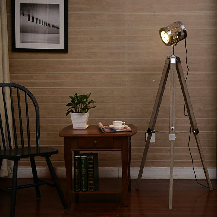 Wooden Tripod Floor Lamp with Brown Spotlight