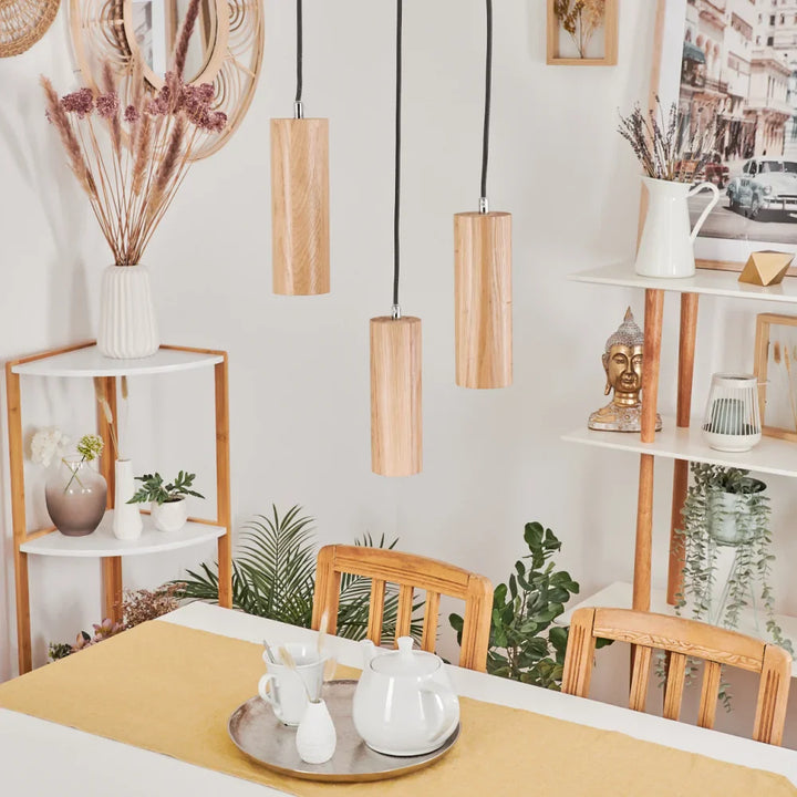 Rustic Triple Wooden Cylinder Pendant Light