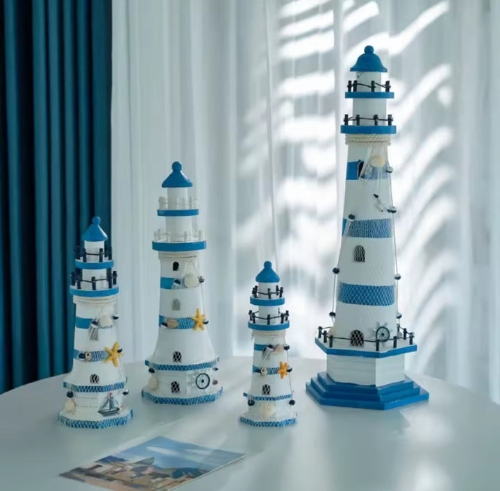 Nautical Decorative Lighthouse Ornament Blue and White Coastal Accent Piece