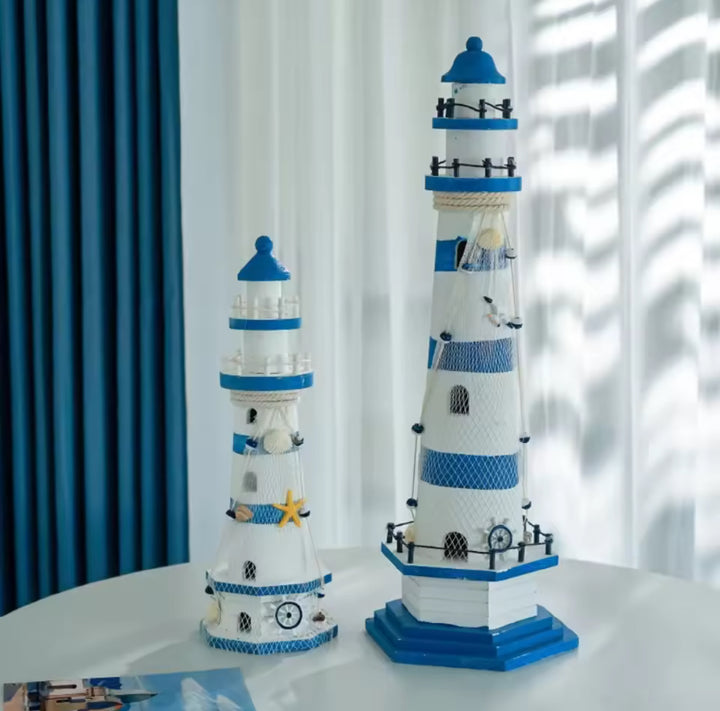 Nautical Decorative Lighthouse Ornament Blue and White Coastal Accent Piece