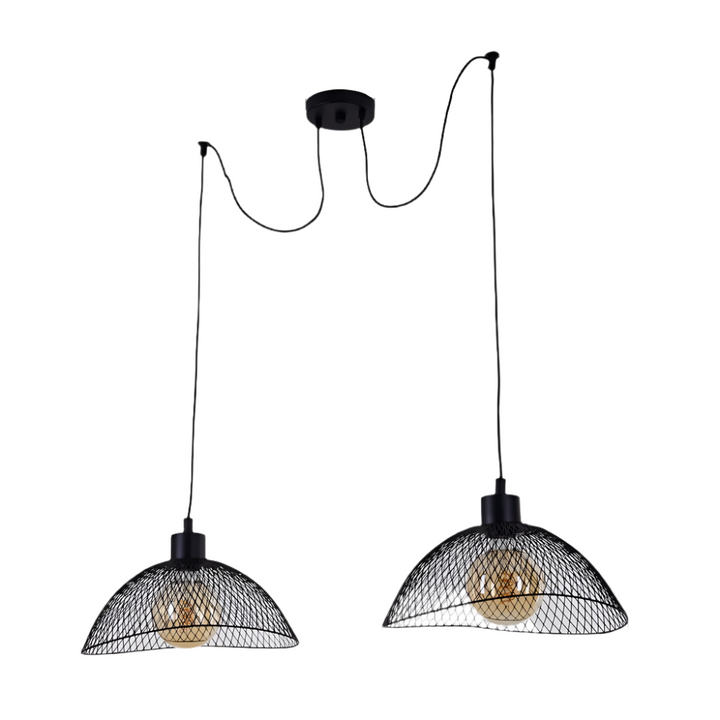 A set of two industrial wire mesh pendant lights with visible bulbs, designed for dining room or kitchen lighting.
