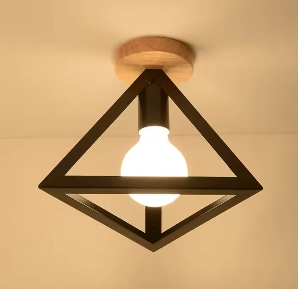 Modern Geometric Ceiling Light with Wood and Metal Frame