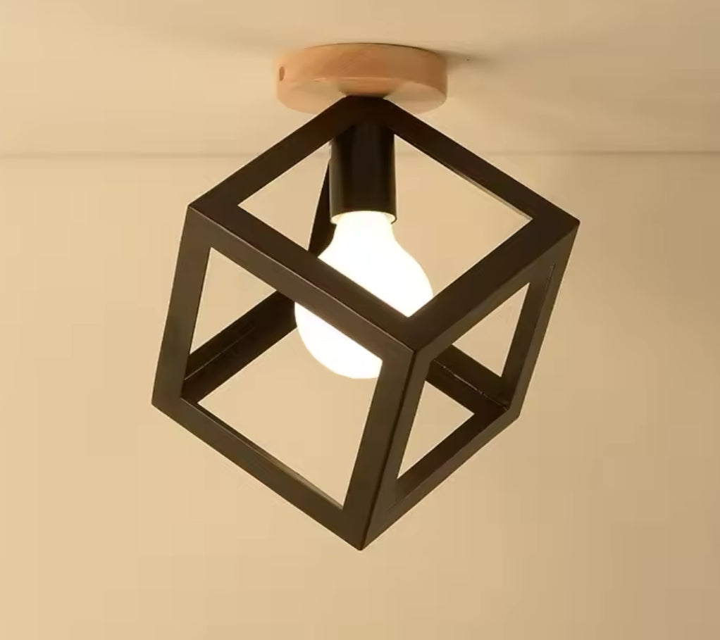 Modern Cube Ceiling Light with Wood and Metal Frame