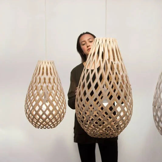 Natural Woven Wooden Pendant Light with Teardrop Design
