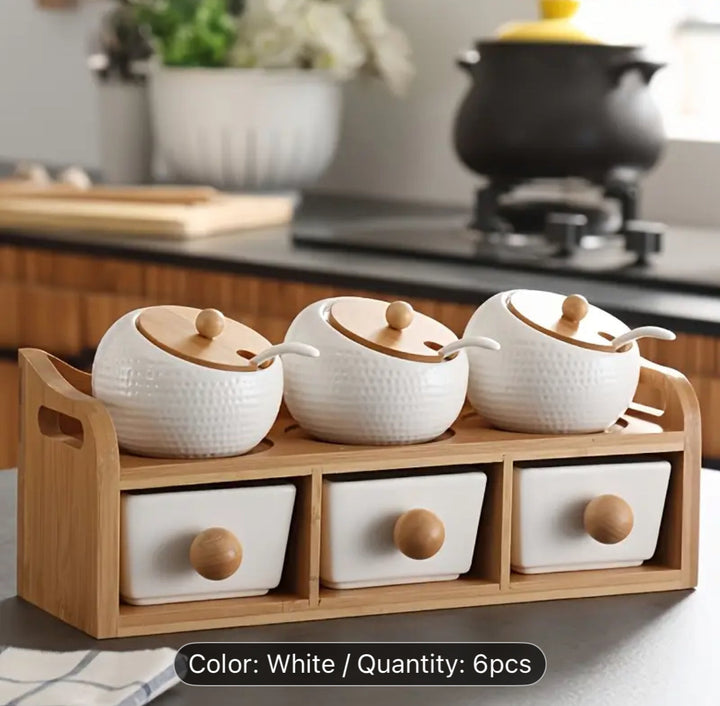 Ceramic Spice Jar Set with Bamboo Rack